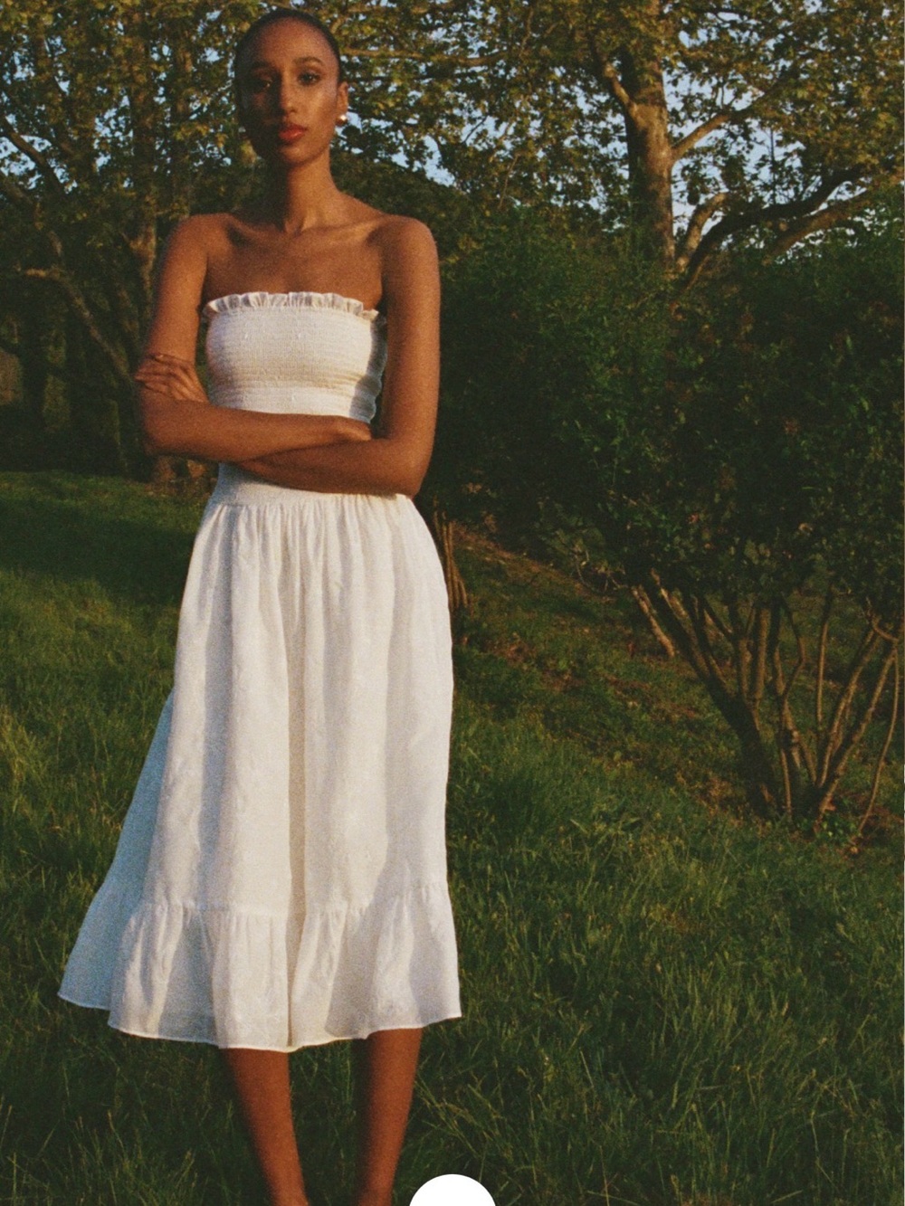 Reformation Laurine Dress White Strapless Smocked Midi Dress with Ruffle Hem